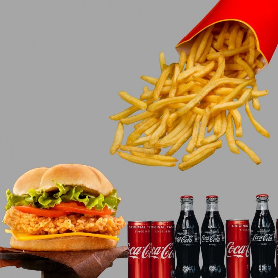 CHICKEN CHEESE BURGER -1 ,FRENCH FRIES -1 ,SOFT DRINKS -1